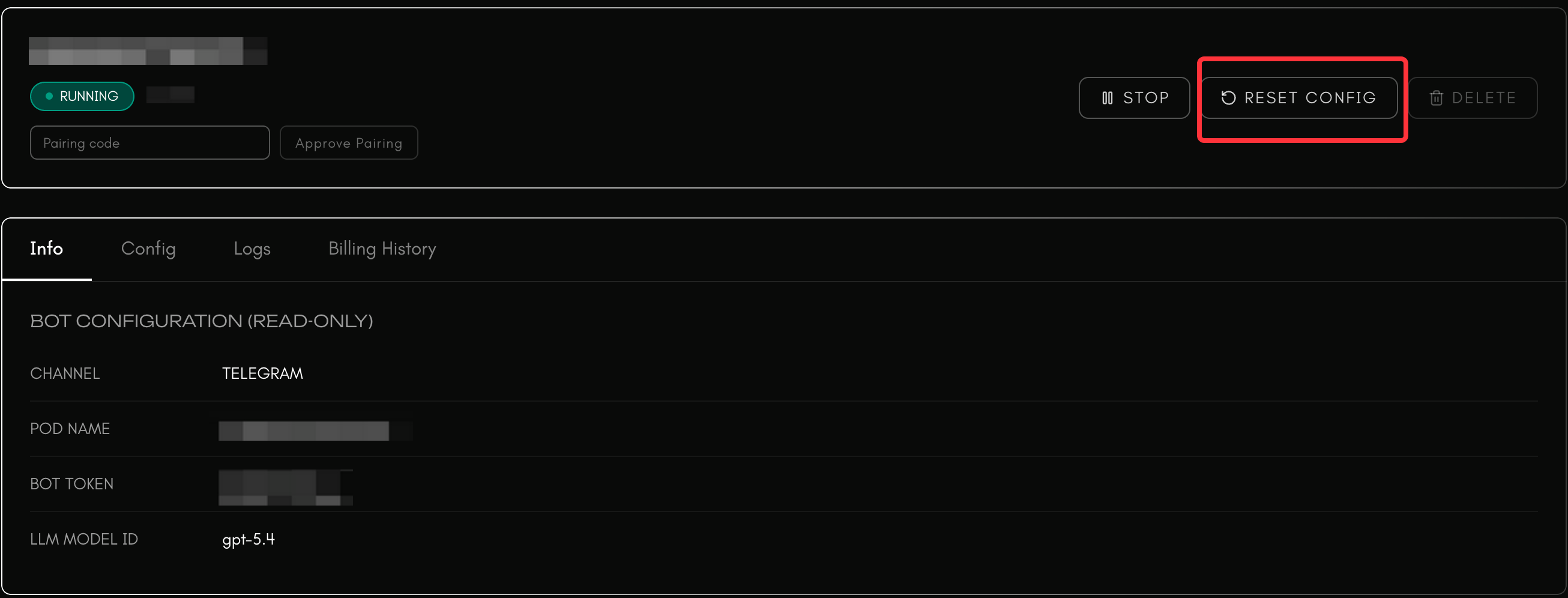 Reset Config button on the instance details page