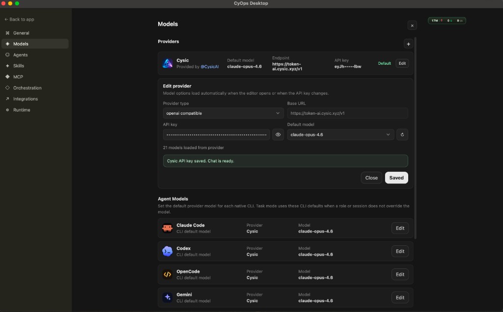 API key saved and chat ready