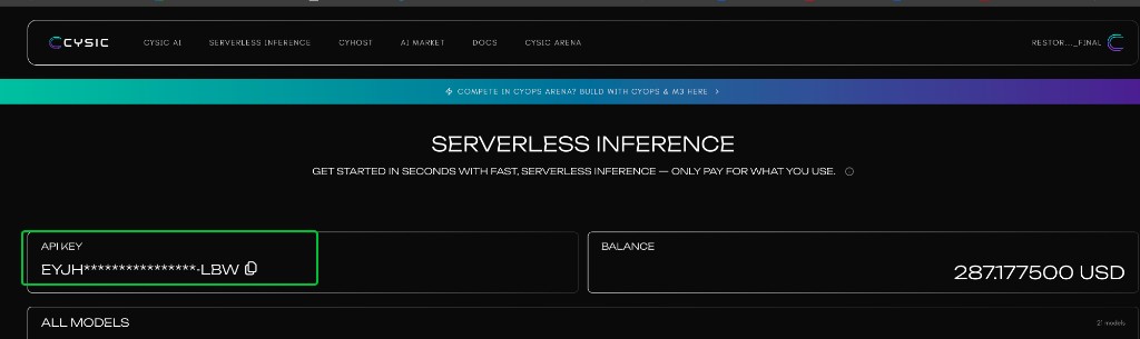 Copy the API key from Serverless Inference
