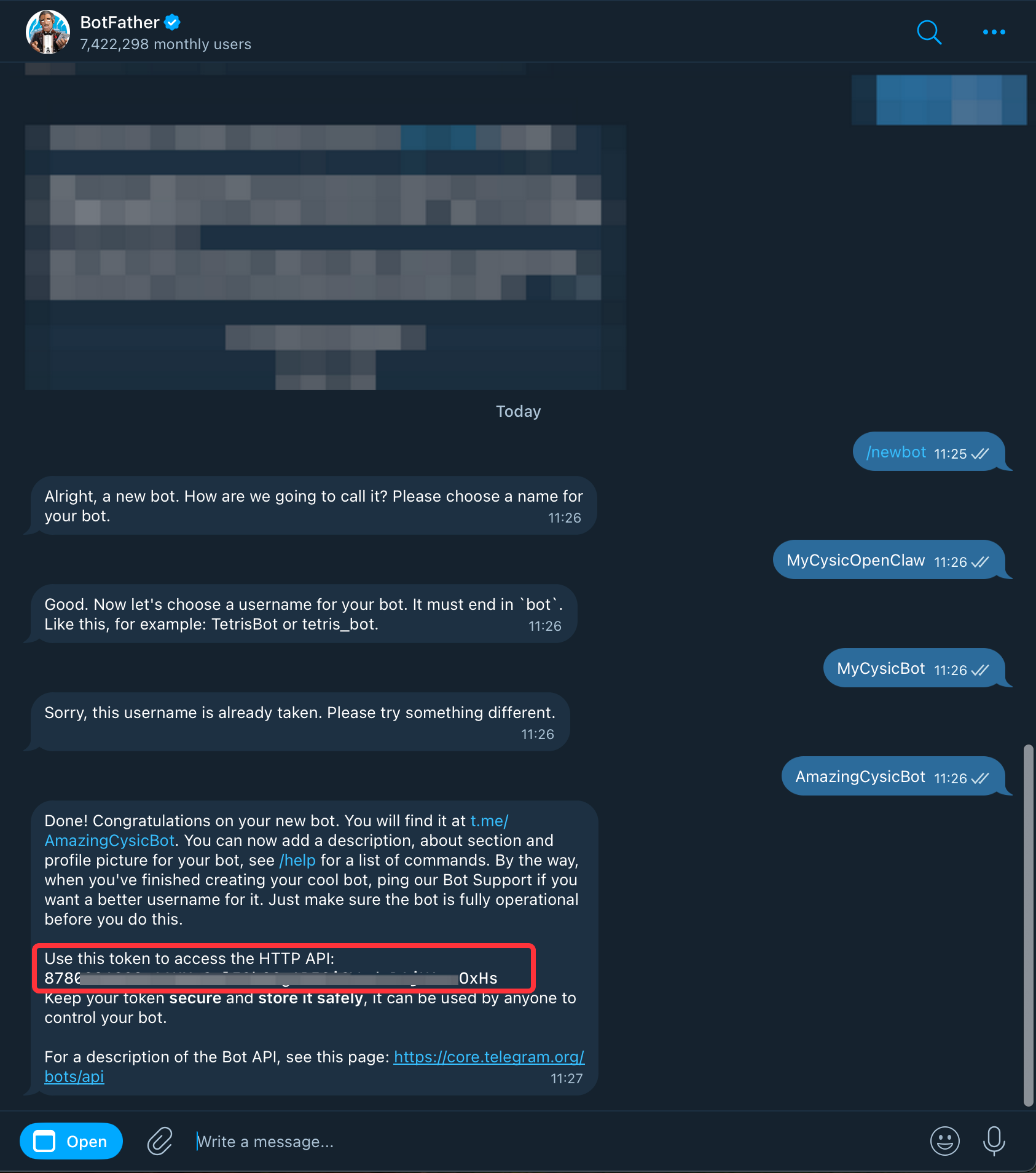 Use BotFather to create a bot and get the bot token